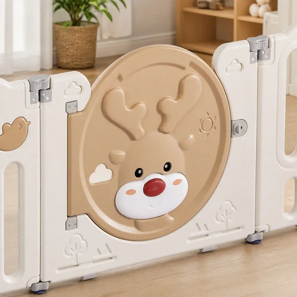 Kids Playpen Brown and Cream 18 Panel Foldable Indoor Outdoor Safety Gate