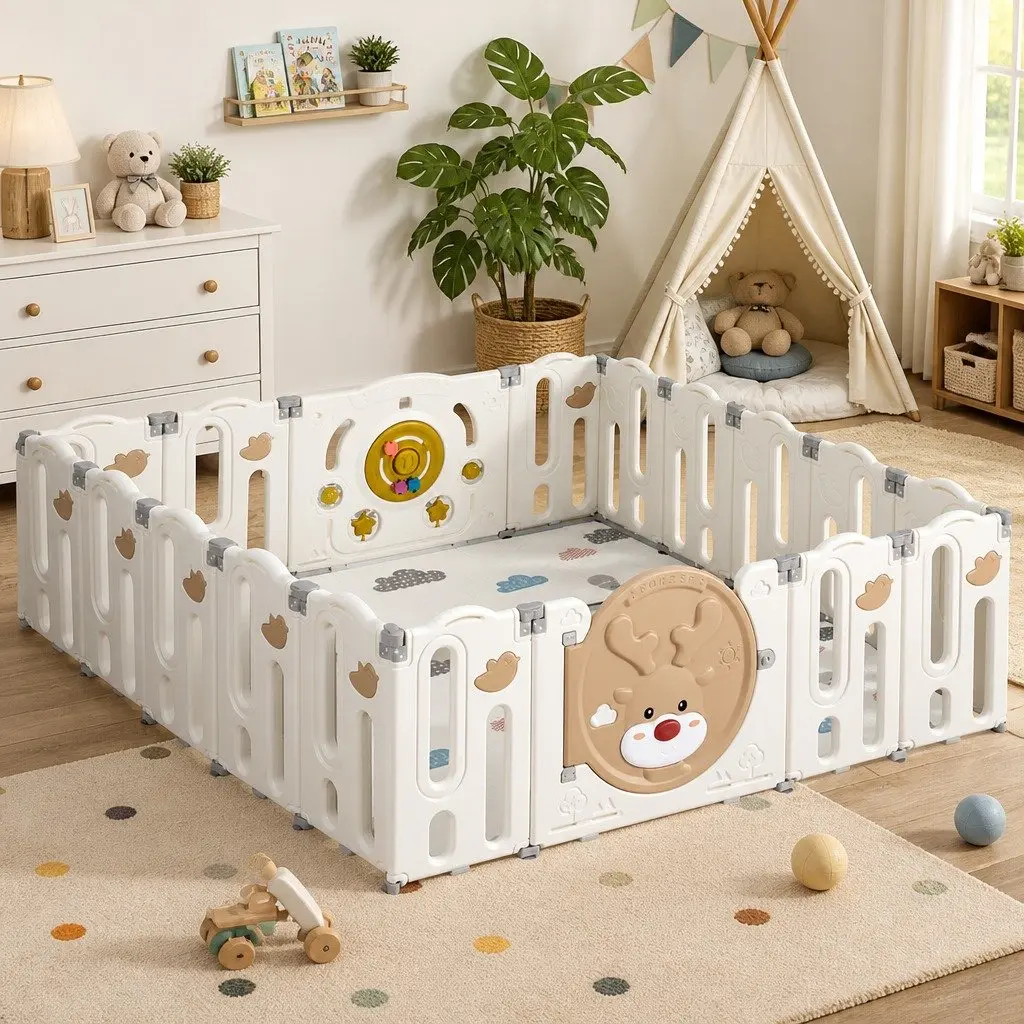 Kids Playpen Brown and Cream 18 Panel Foldable Indoor Outdoor Safety Gate