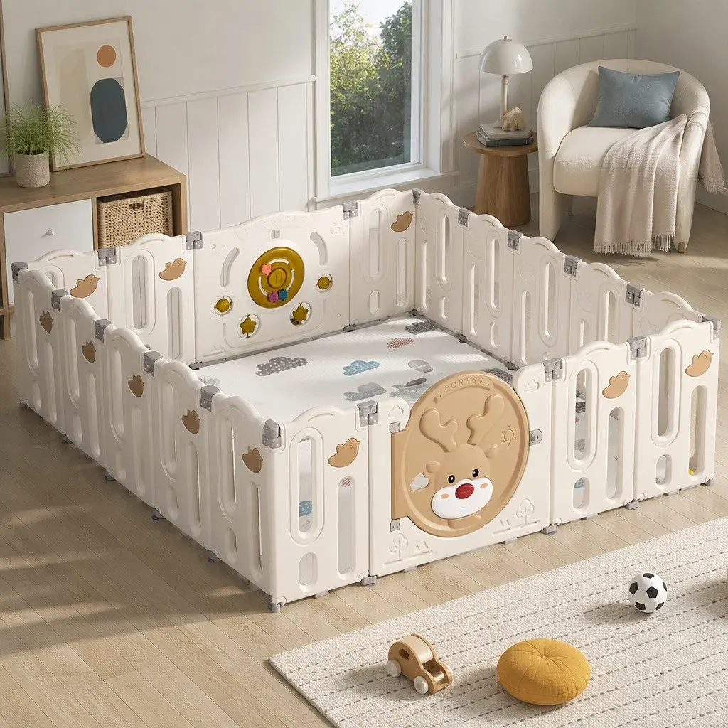 Kids Playpen Brown and Cream 18 Panel Foldable Indoor Outdoor Safety Gate