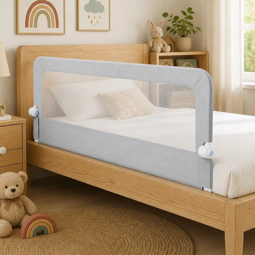 Bed Rail Grey Adjustable Folding Mesh Barrier for Child Sleep