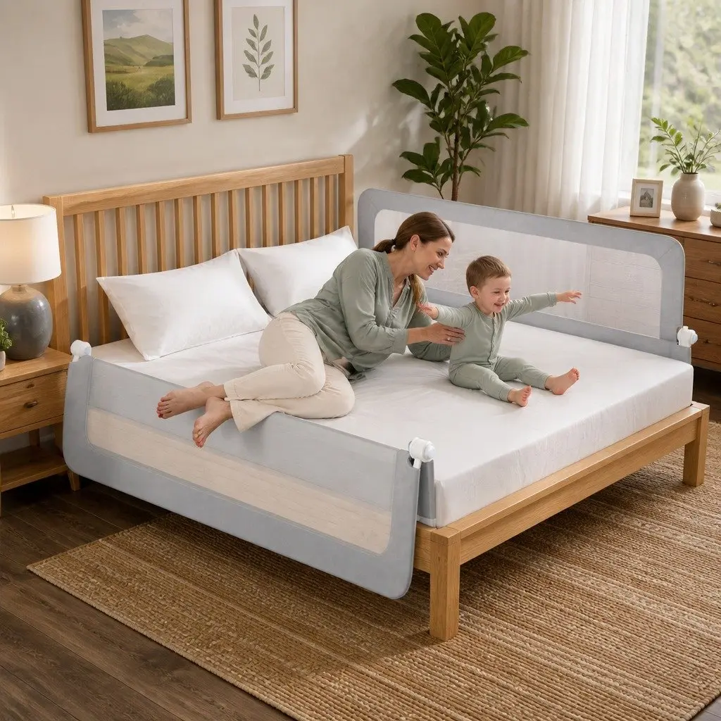 Bed Rail Grey Adjustable Folding Mesh Barrier for Child Sleep