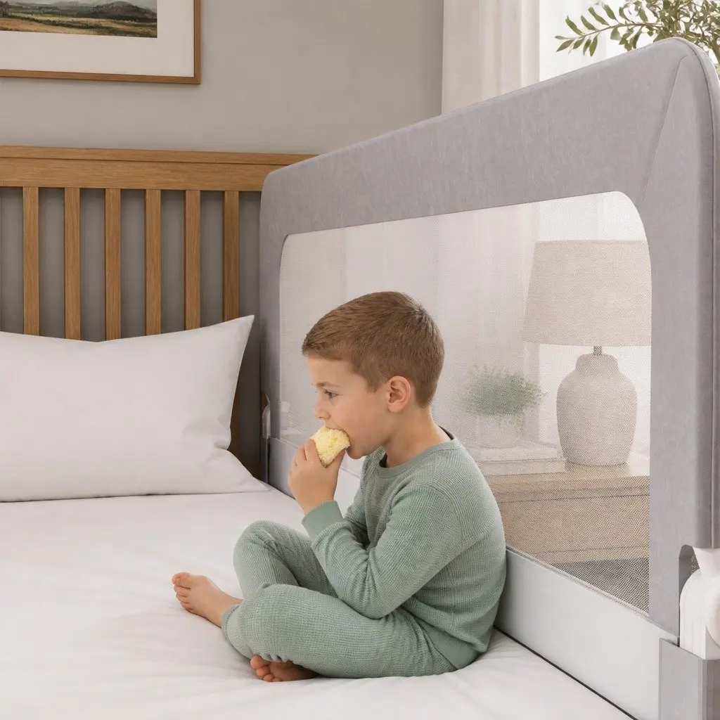 Bed Rail Grey Adjustable Folding Mesh Barrier for Child Sleep
