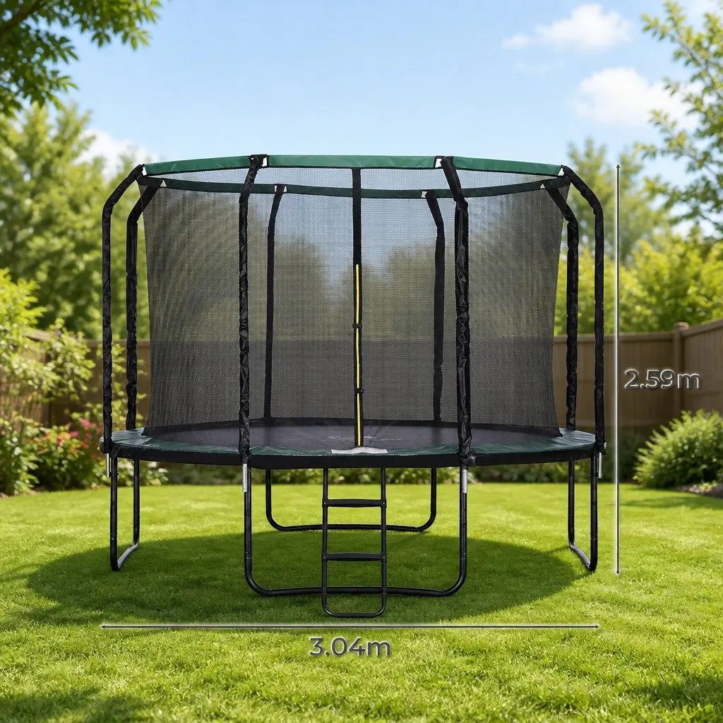 Round Trampoline Black 10FT Outdoor with Safety Net and Step Ladder