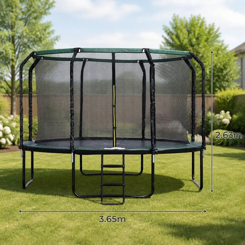 Round Trampoline Black 12FT Outdoor with Safety Net and Step Ladder
