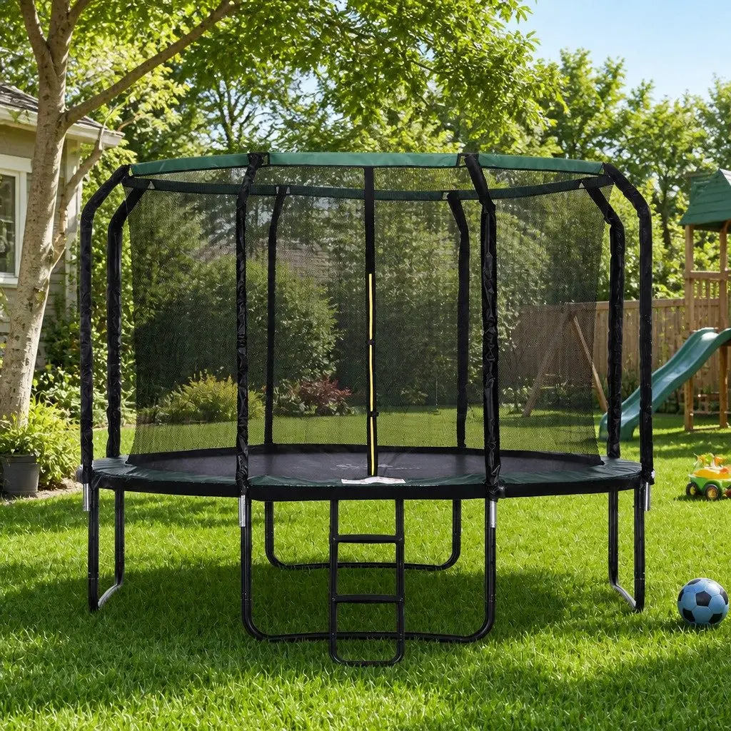 Round Trampoline Black 12FT Outdoor with Safety Net and Step Ladder