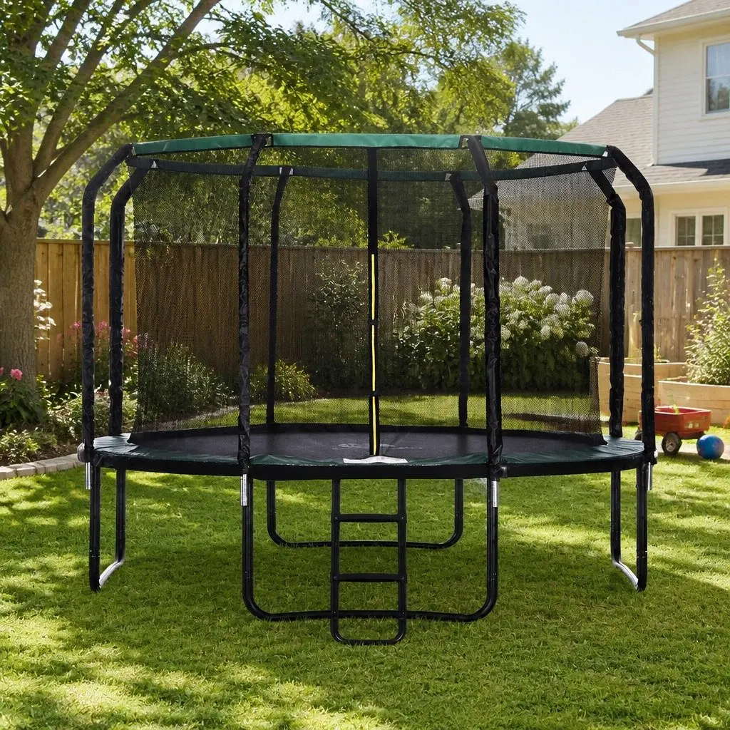 Round Trampoline Black 12FT Outdoor with Safety Net and Step Ladder