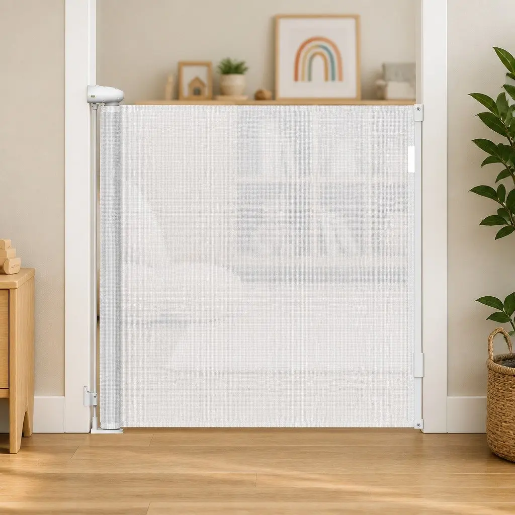 Retractable Safety Gate White 150cm Wide Mesh Barrier for Stairs Doorways Indoor