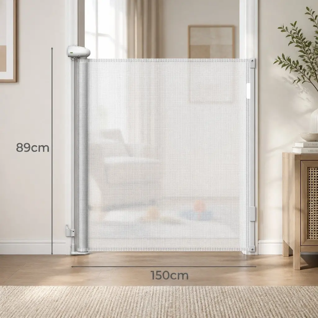 Retractable Safety Gate White 150cm Wide Mesh Barrier for Stairs Doorways Indoor