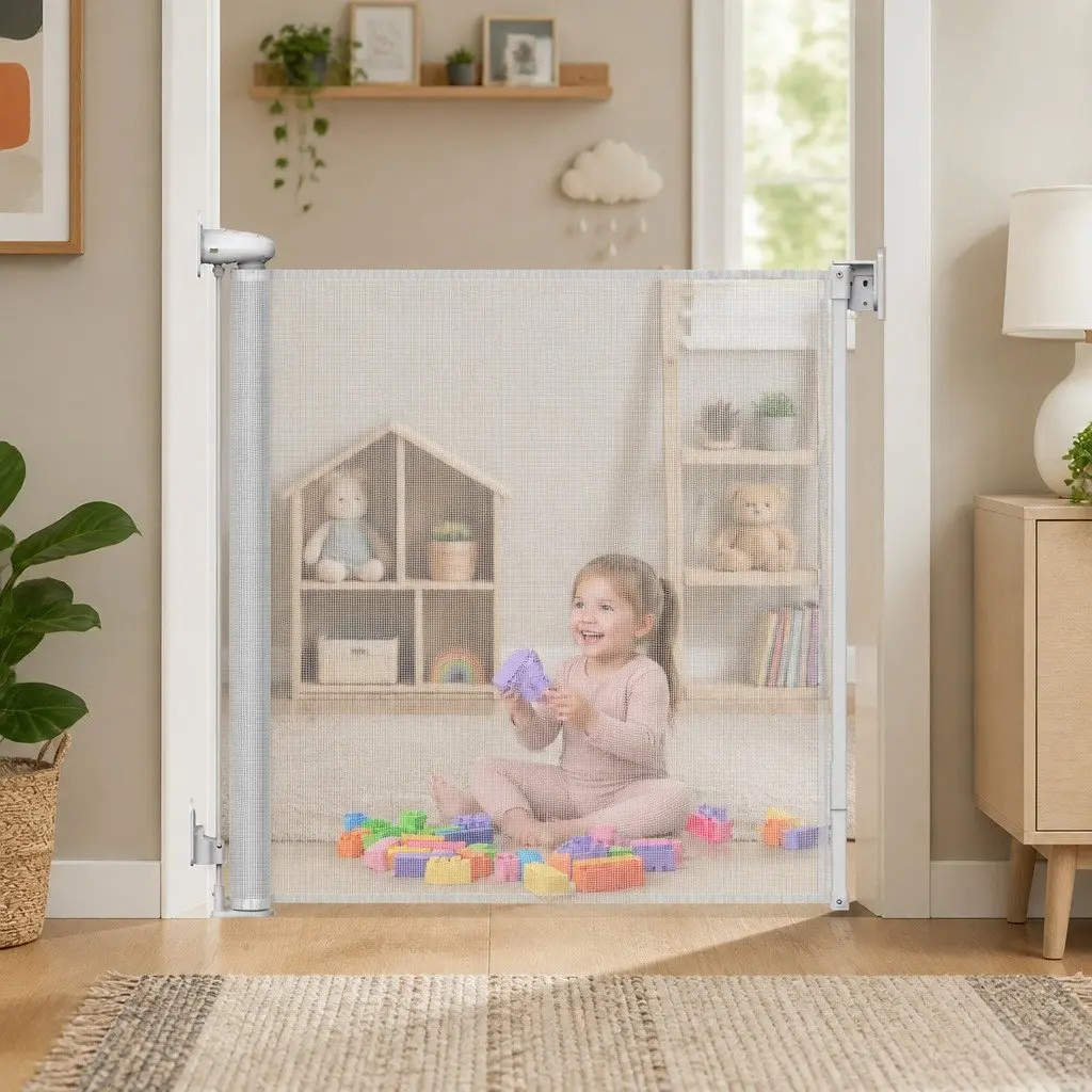 Retractable Safety Gate White 150cm Wide Mesh Barrier for Stairs Doorways Indoor