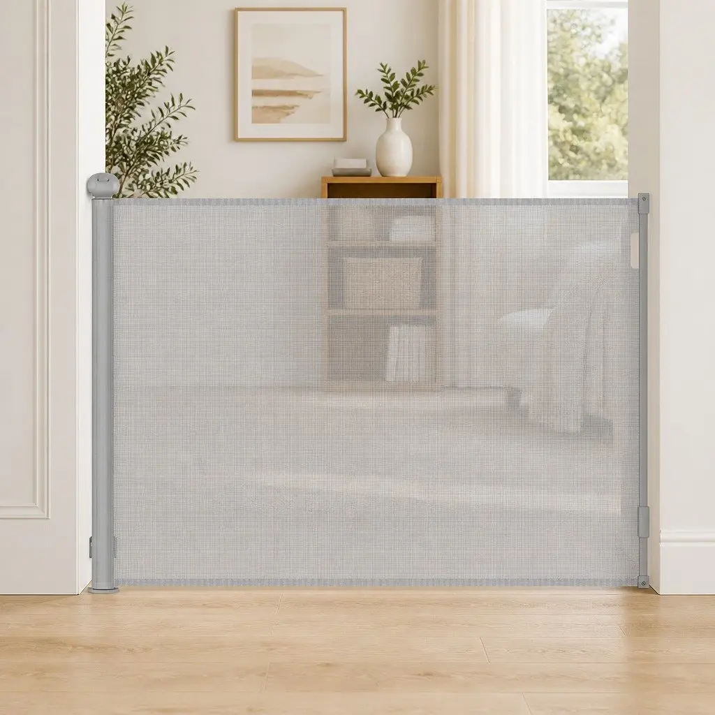 Retractable Safety Gate Grey 300cm Wide Opening Soft Mesh Barrier for Stairs Doorways Kitchens Bedrooms