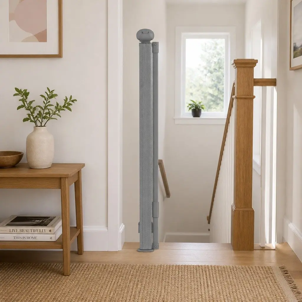 Retractable Safety Gate Grey 300cm Wide Opening Soft Mesh Barrier for Stairs Doorways Kitchens Bedrooms