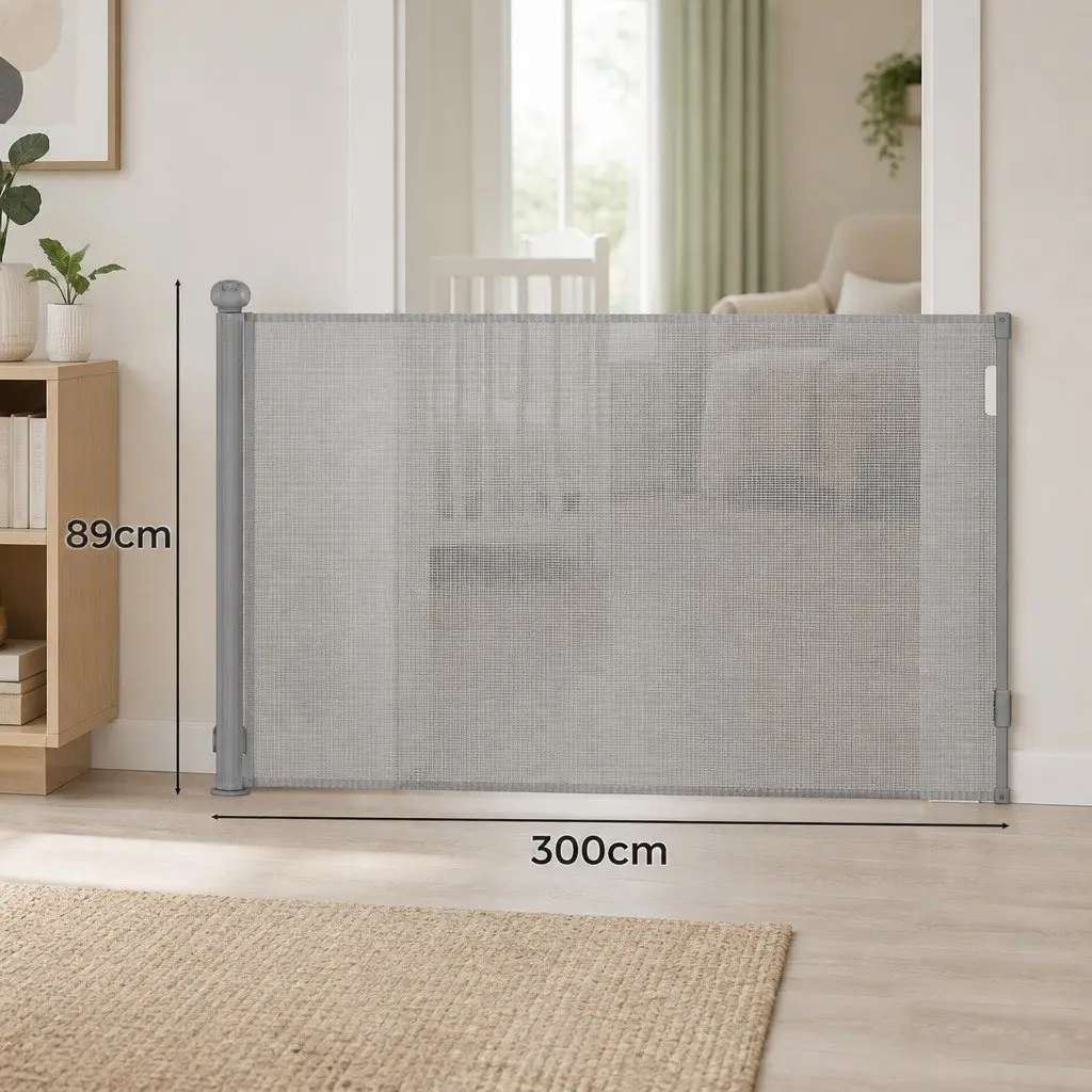 Retractable Safety Gate Grey 300cm Wide Opening Soft Mesh Barrier for Stairs Doorways Kitchens Bedrooms