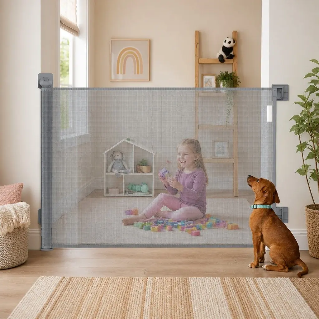 Retractable Safety Gate Grey 300cm Wide Opening Soft Mesh Barrier for Stairs Doorways Kitchens Bedrooms