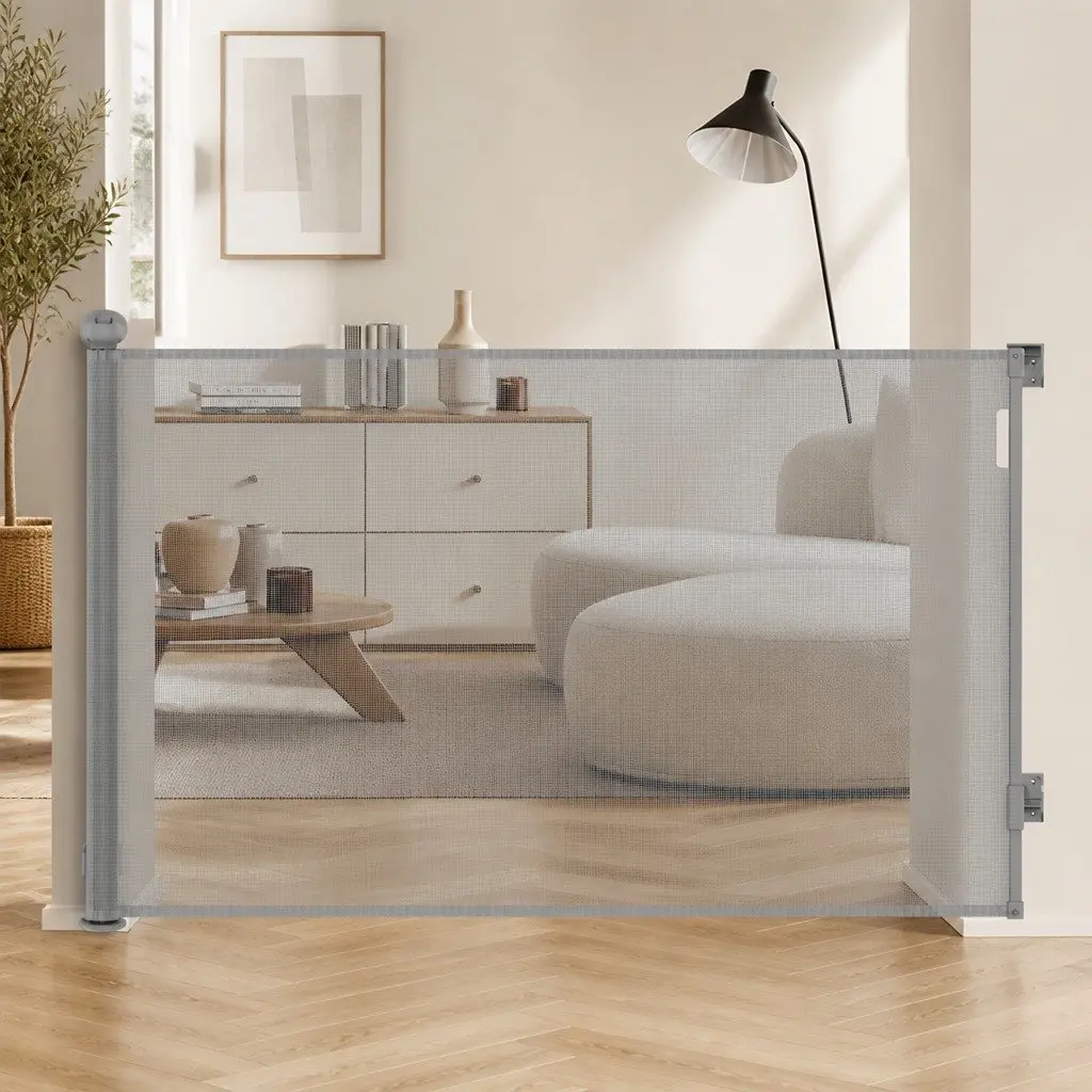 Retractable Safety Gate Grey 300cm Wide Opening Soft Mesh Barrier for Stairs Doorways Kitchens Bedrooms