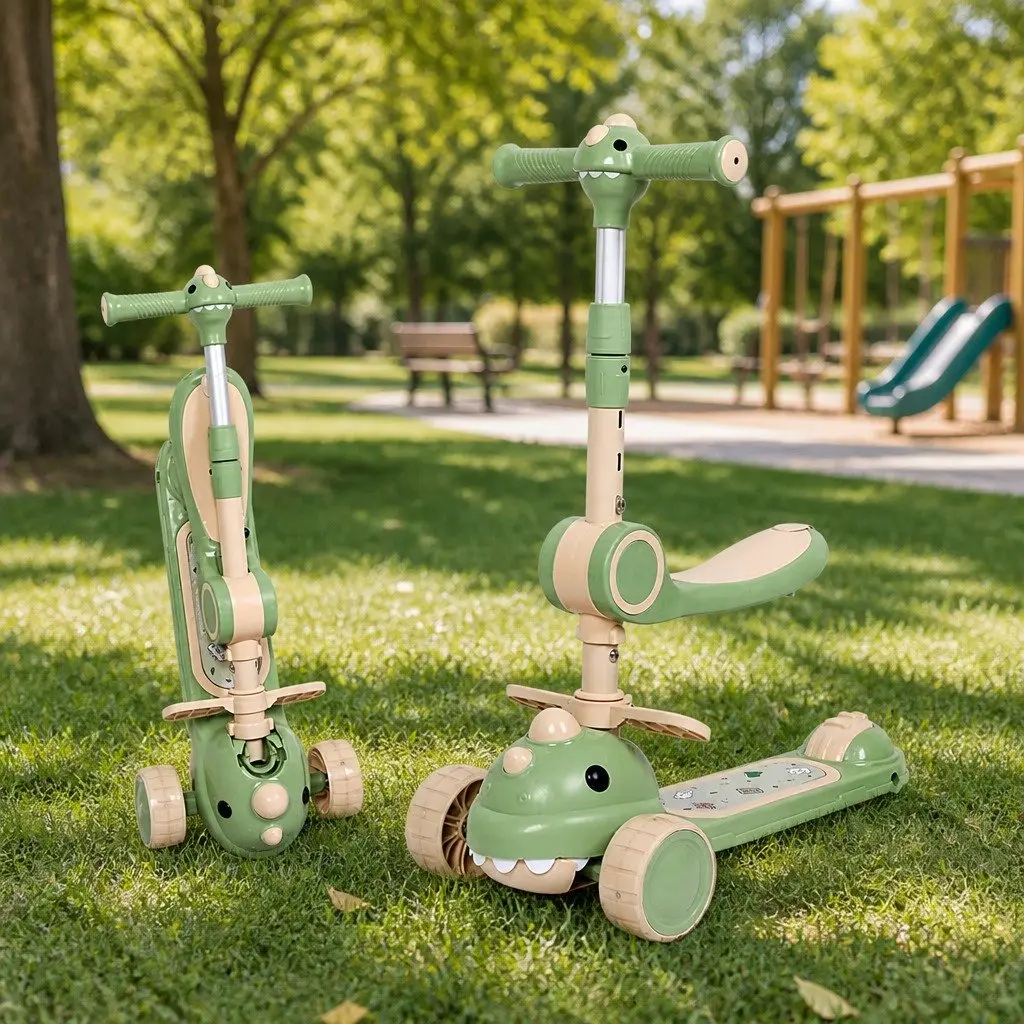 Kids Foldable Scooter Flip-able Seat 3 Wheels Adjustable Handlebar Green