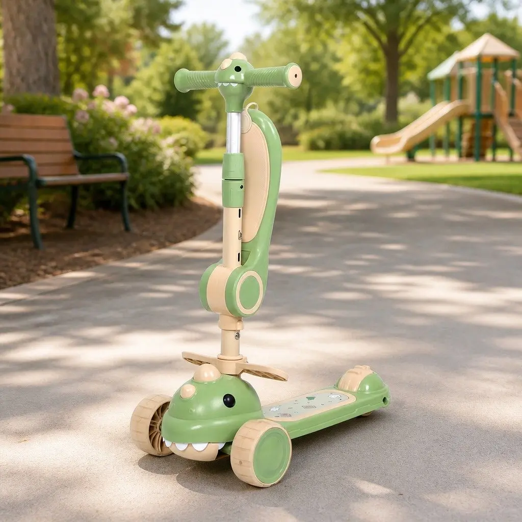 Kids Foldable Scooter Flip-able Seat 3 Wheels Adjustable Handlebar Green