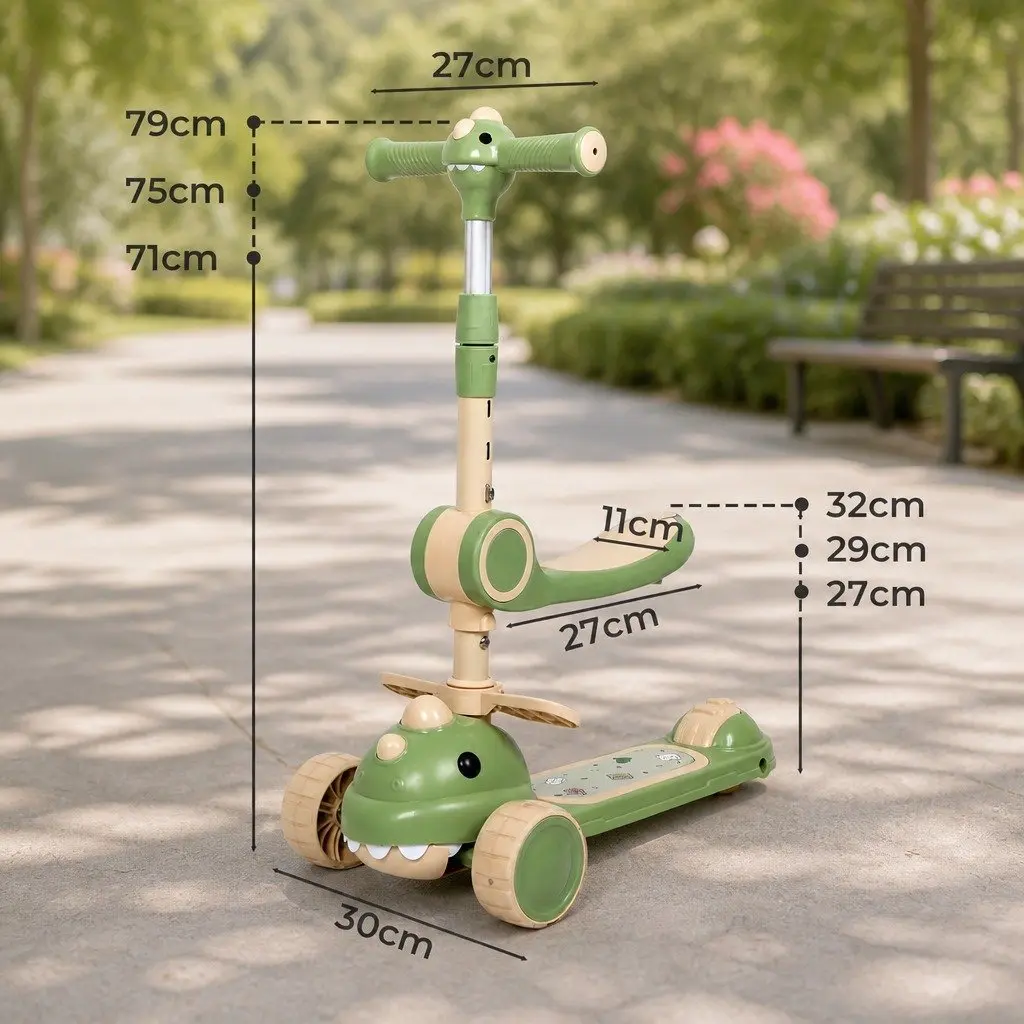 Kids Foldable Scooter Flip-able Seat 3 Wheels Adjustable Handlebar Green