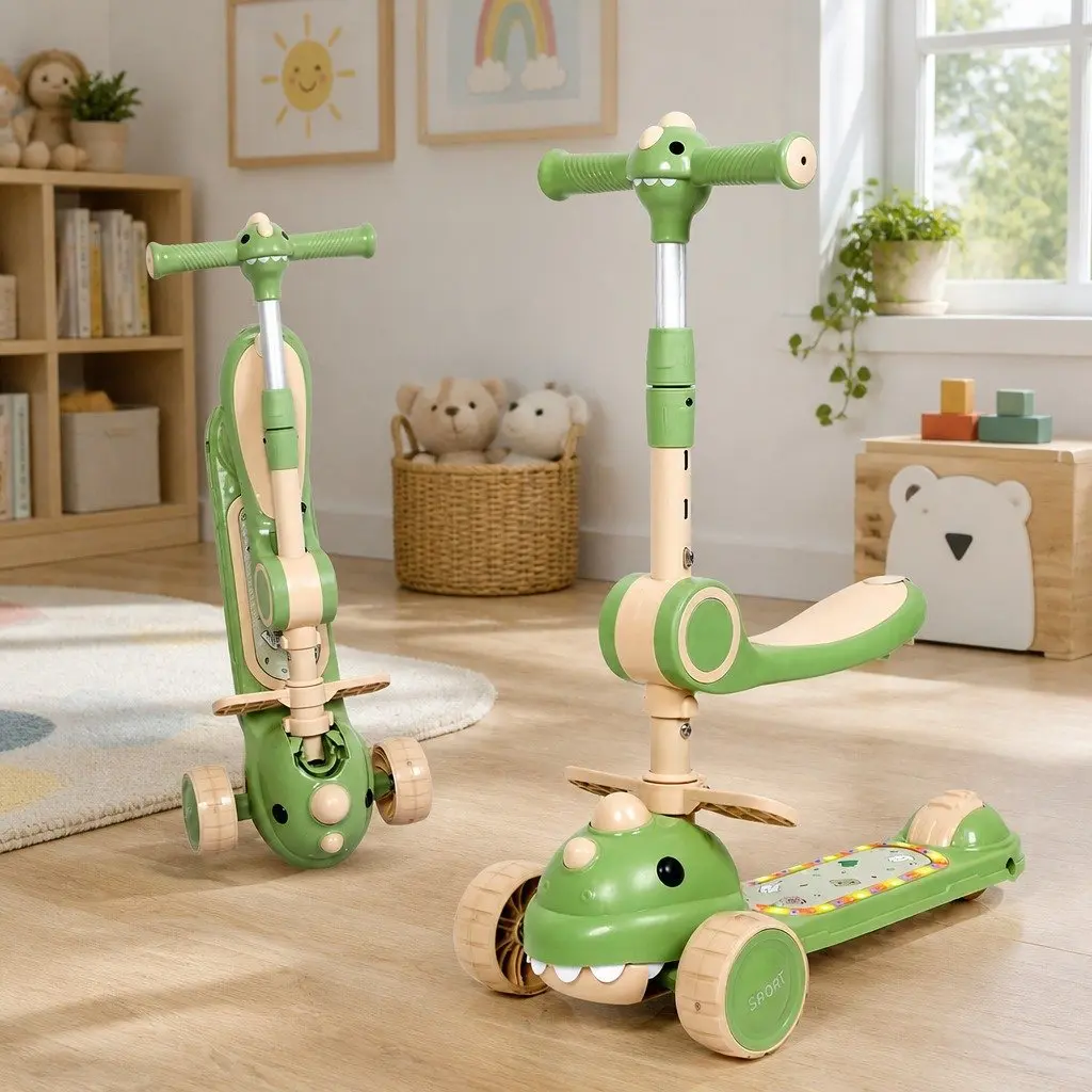 Kids Foldable Scooter Flip-able Seat 3 Wheels Adjustable Handlebar Green
