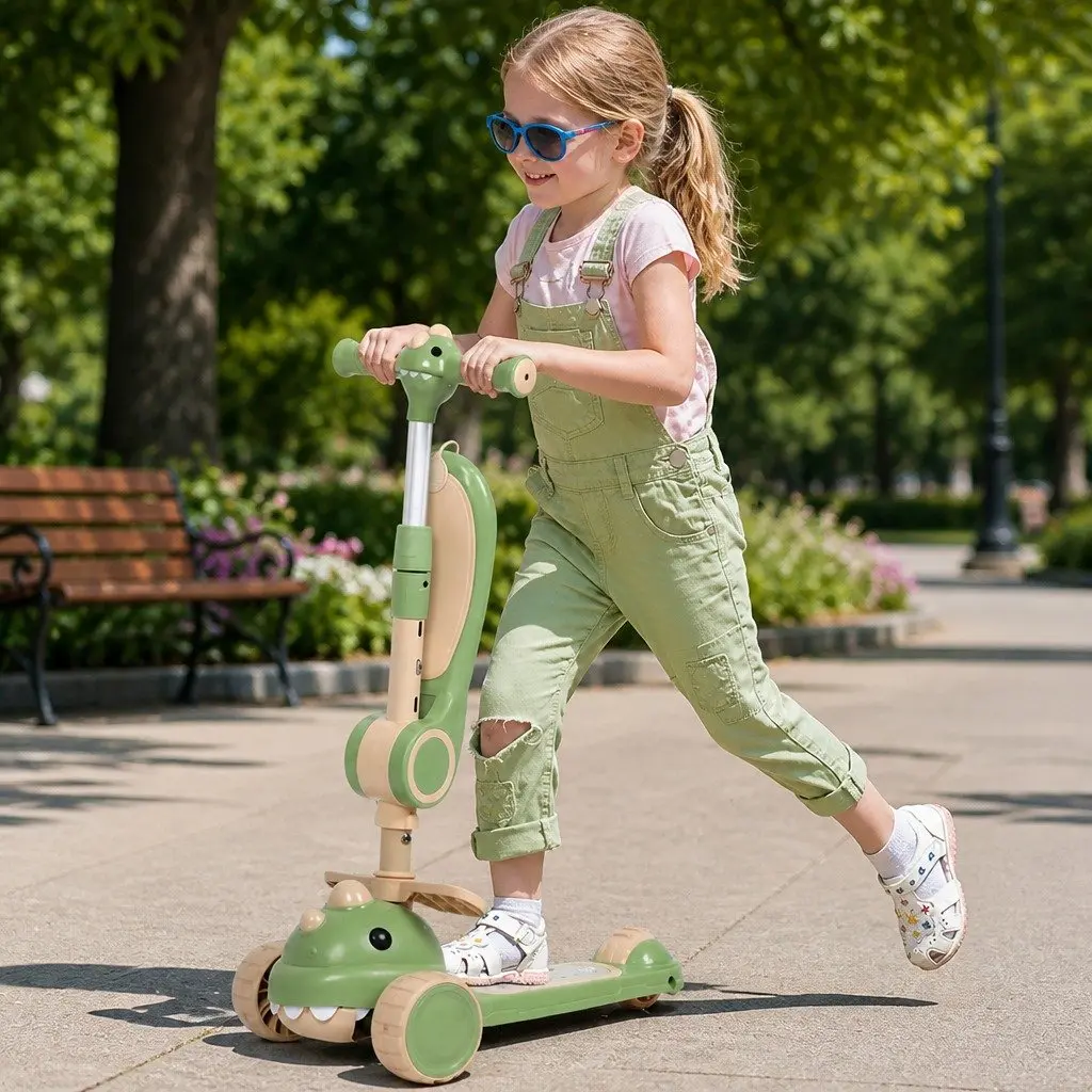 Kids Foldable Scooter Flip-able Seat 3 Wheels Adjustable Handlebar Green