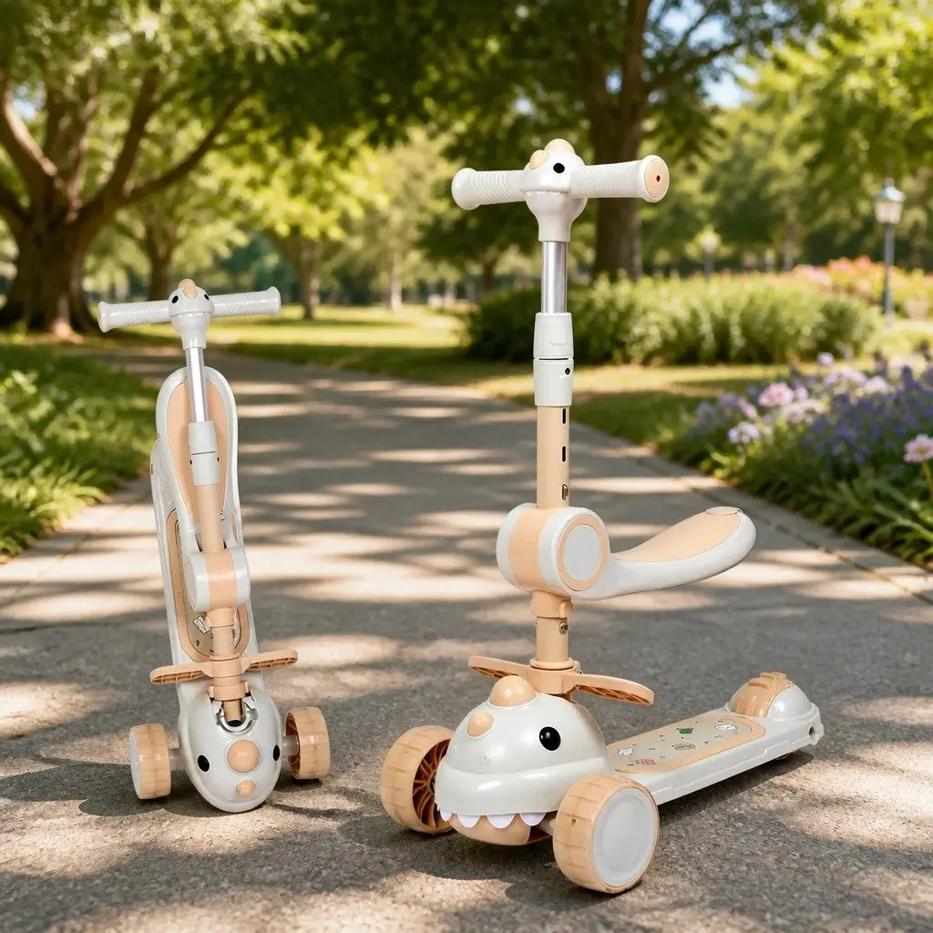 Kids Foldable Scooter with Flip-able Seat 3 Wheels Adjustable Handlebar Beige