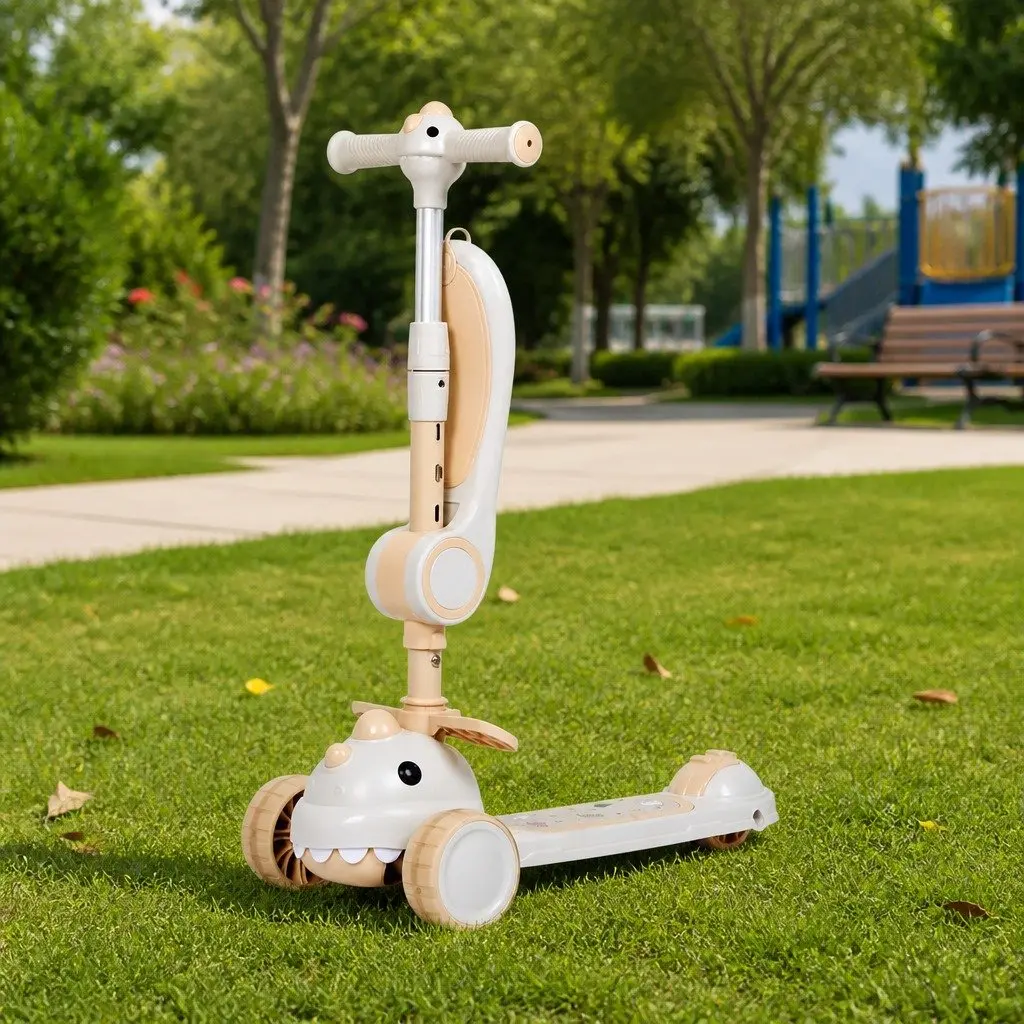 Kids Scooter Beige Foldable 3 Wheels Adjustable Handlebar Flip-able Seat