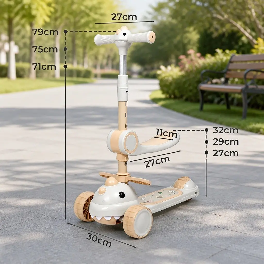 Kids Scooter Beige Foldable 3 Wheels Adjustable Handlebar Flip-able Seat