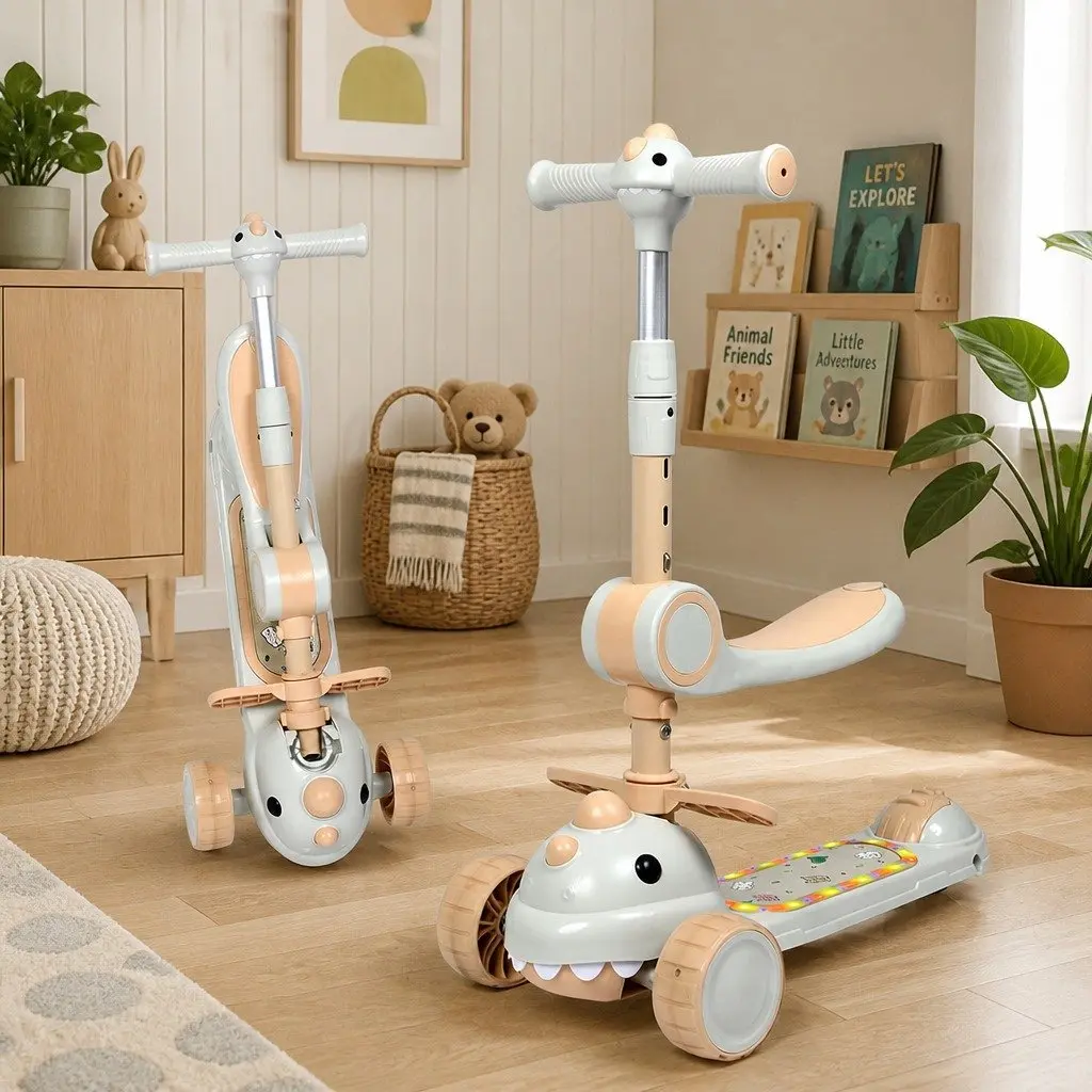 Kids Scooter Beige Foldable 3 Wheels Adjustable Handlebar Flip-able Seat