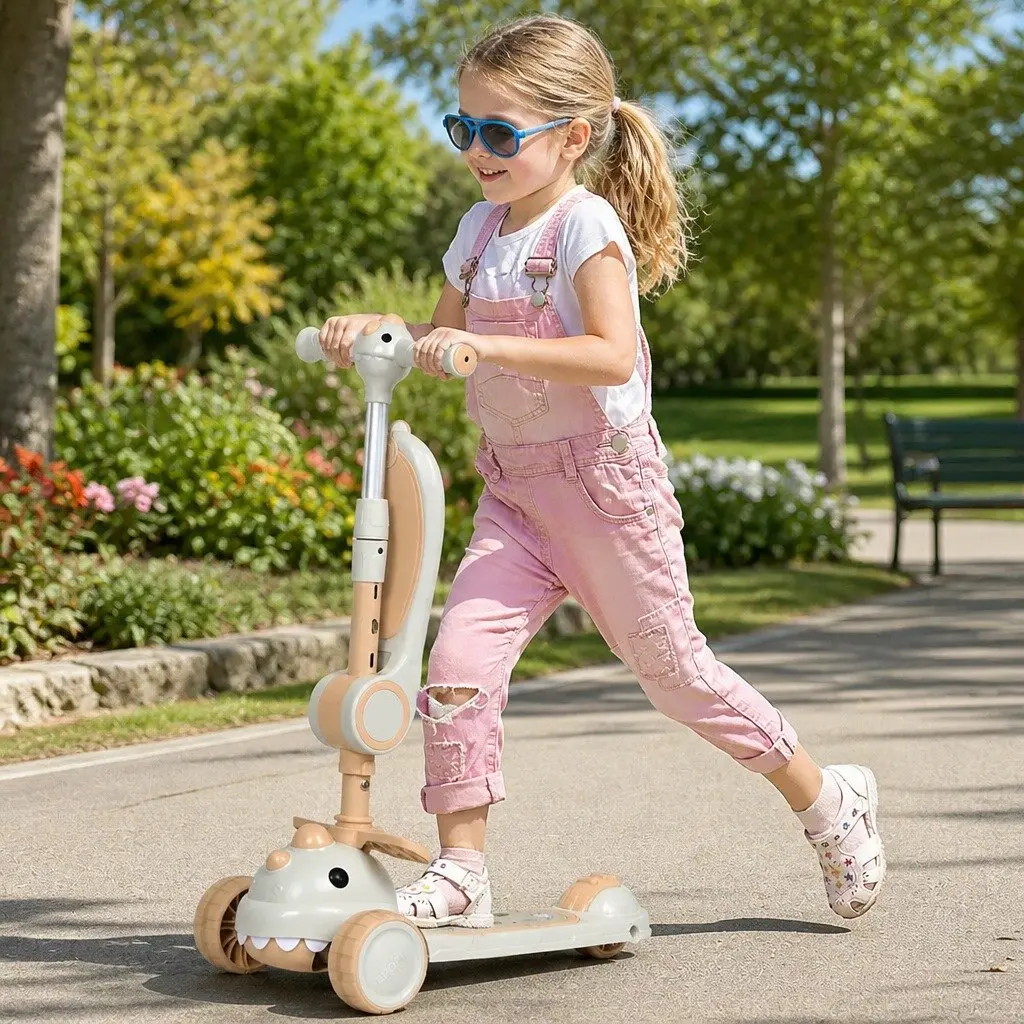 Kids Scooter Beige Foldable 3 Wheels Adjustable Handlebar Flip-able Seat