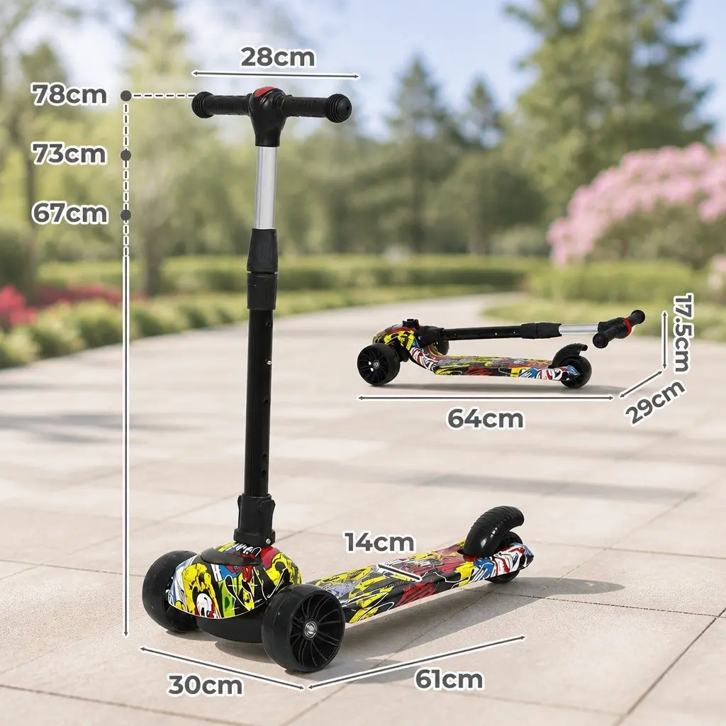 Kids Scooter Multi-colour Adjustable Height 3 Wheel Foldable LED Light Up Wheels Music