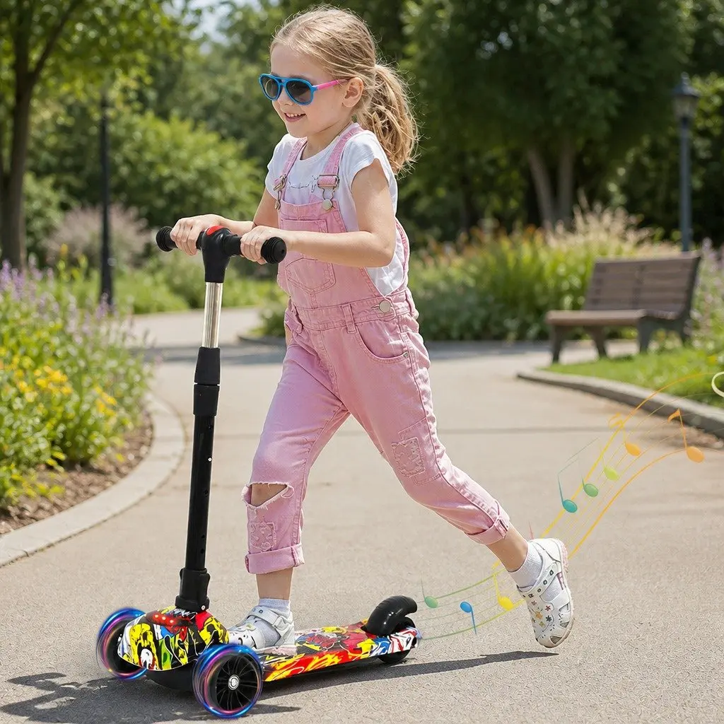 Kids Scooter Multi-colour Adjustable Height 3 Wheel Foldable LED Light Up Wheels Music