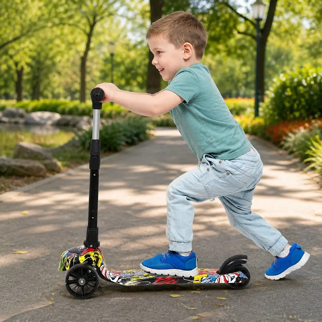 Kids Scooter Multi-colour Adjustable Height 3 Wheel Foldable LED Light Up Wheels Music