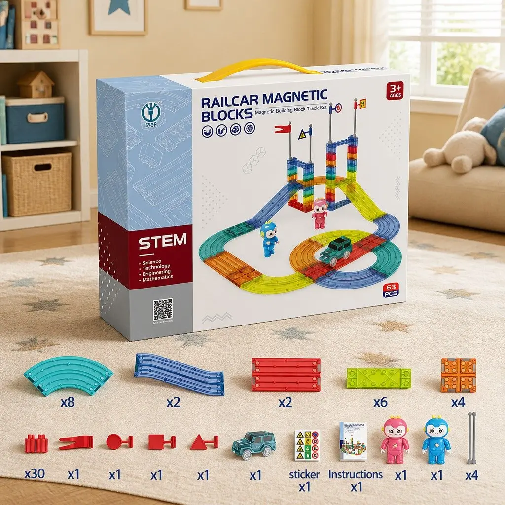 Magnetic Building Blocks Set Multi-colour 63 Piece Dinosaur Themed Educational Toy