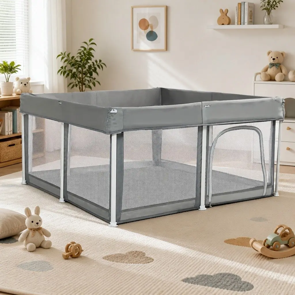 Kids Playpen Grey 125X125cm Foldable Safety Mesh Portable Indoor Outdoor