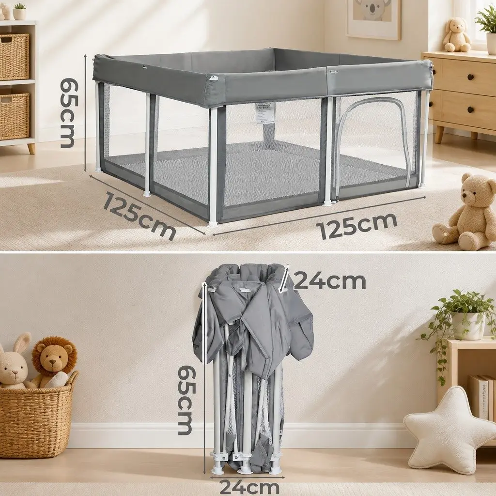 Kids Playpen Grey 125X125cm Foldable Safety Mesh Portable Indoor Outdoor