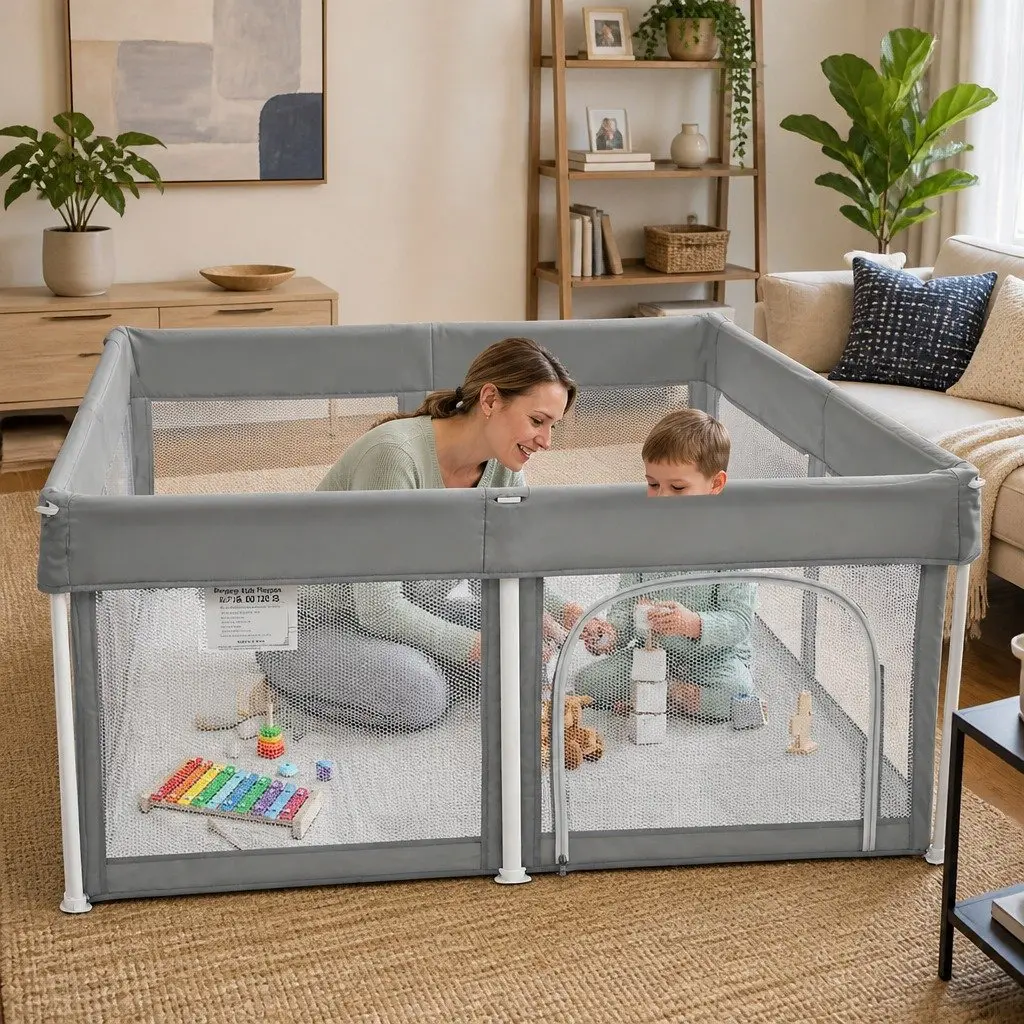 Kids Playpen Grey 125X125cm Foldable Safety Mesh Portable Indoor Outdoor