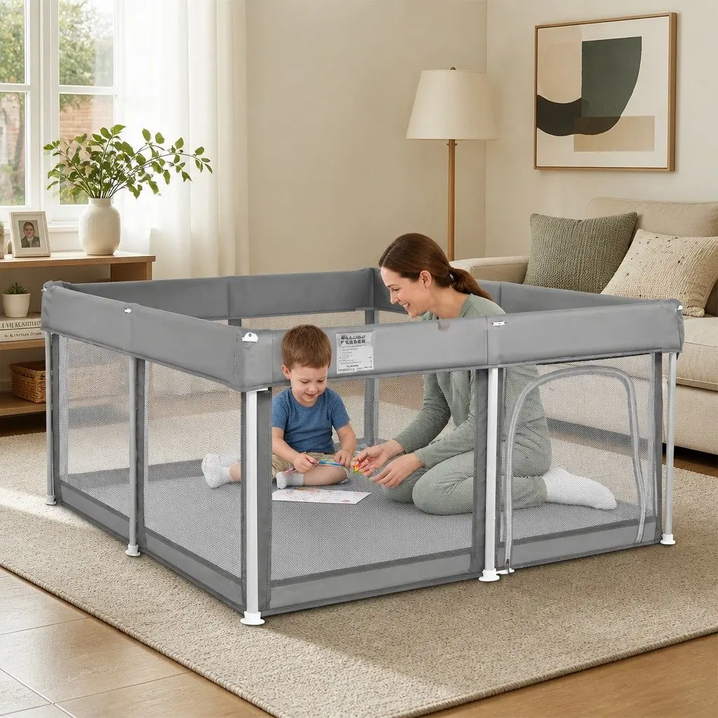 Kids Playpen Grey 125X125cm Foldable Safety Mesh Portable Indoor Outdoor