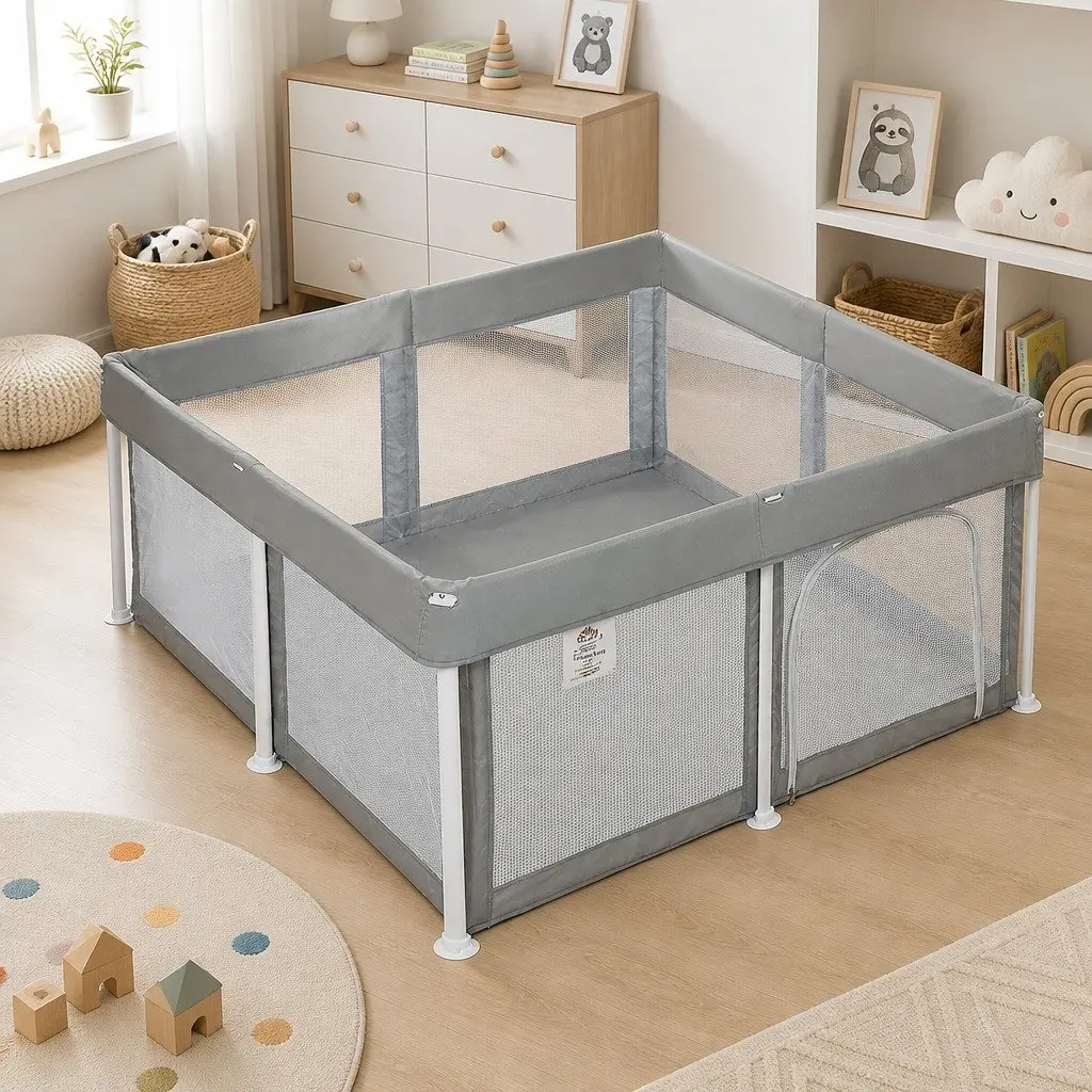 Kids Playpen Grey 125X125cm Foldable Safety Mesh Portable Indoor Outdoor
