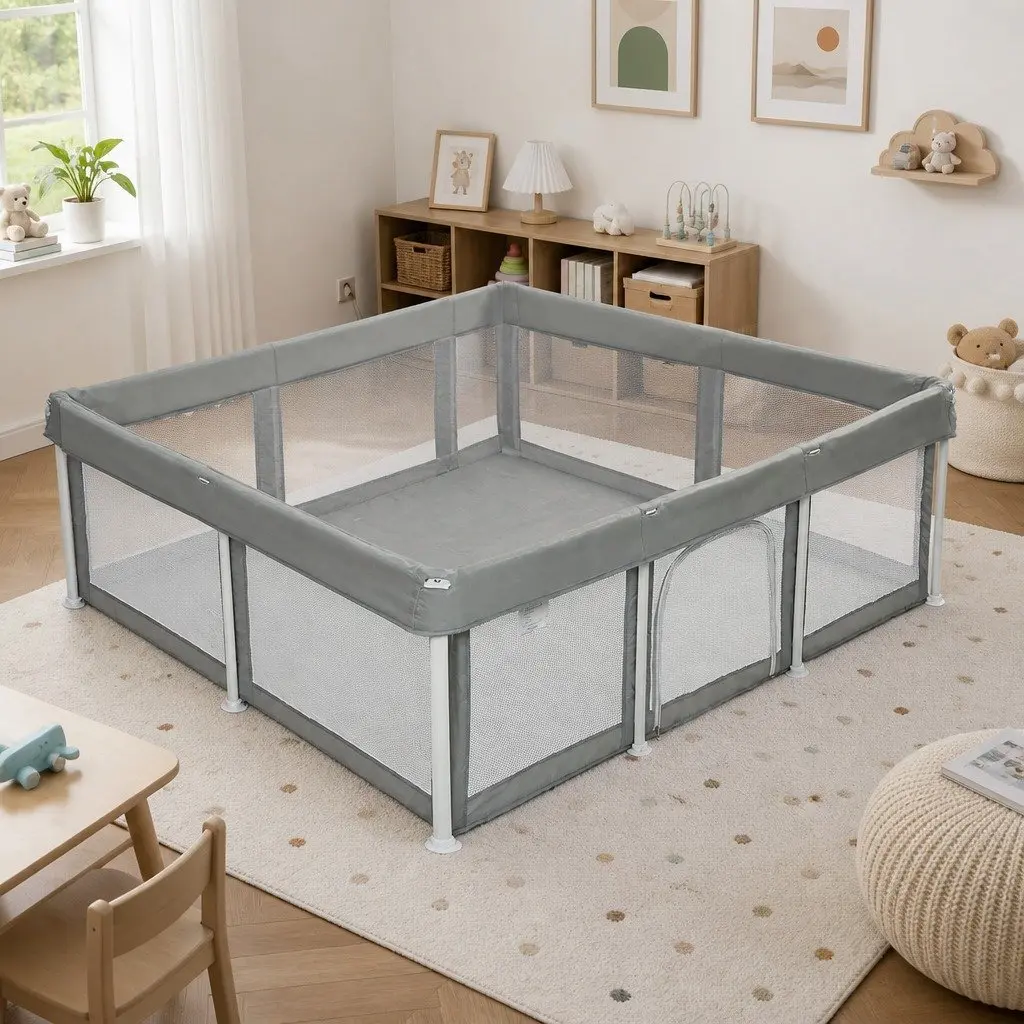 Kids Playpen Grey 120x180cm Foldable Pop-Up Portable Breathable Mesh Safety Barrier