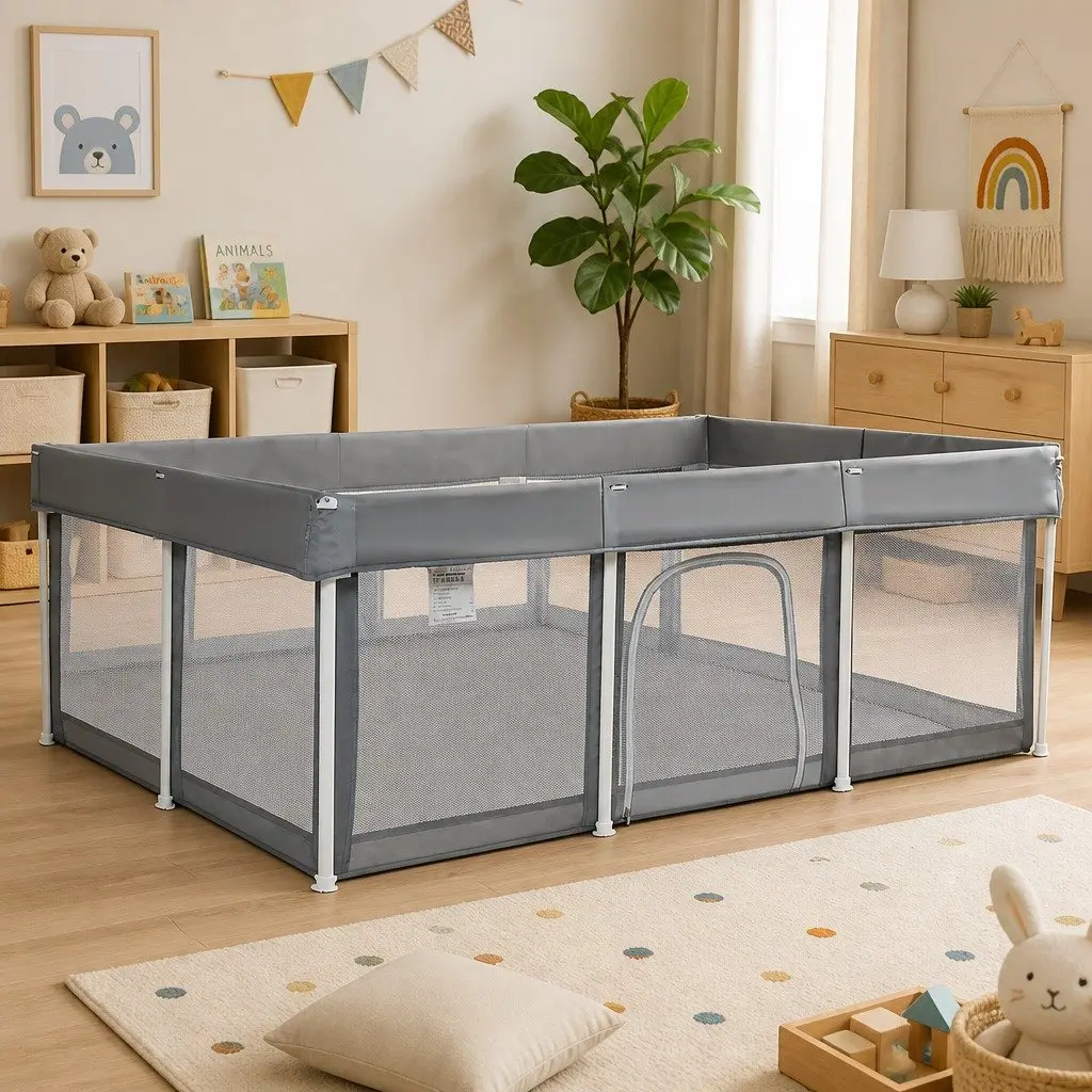 Kids Playpen Grey 120x180cm Foldable Pop-Up Portable Breathable Mesh Safety Barrier