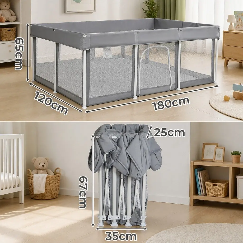 Kids Playpen Grey 120x180cm Foldable Pop-Up Portable Breathable Mesh Safety Barrier