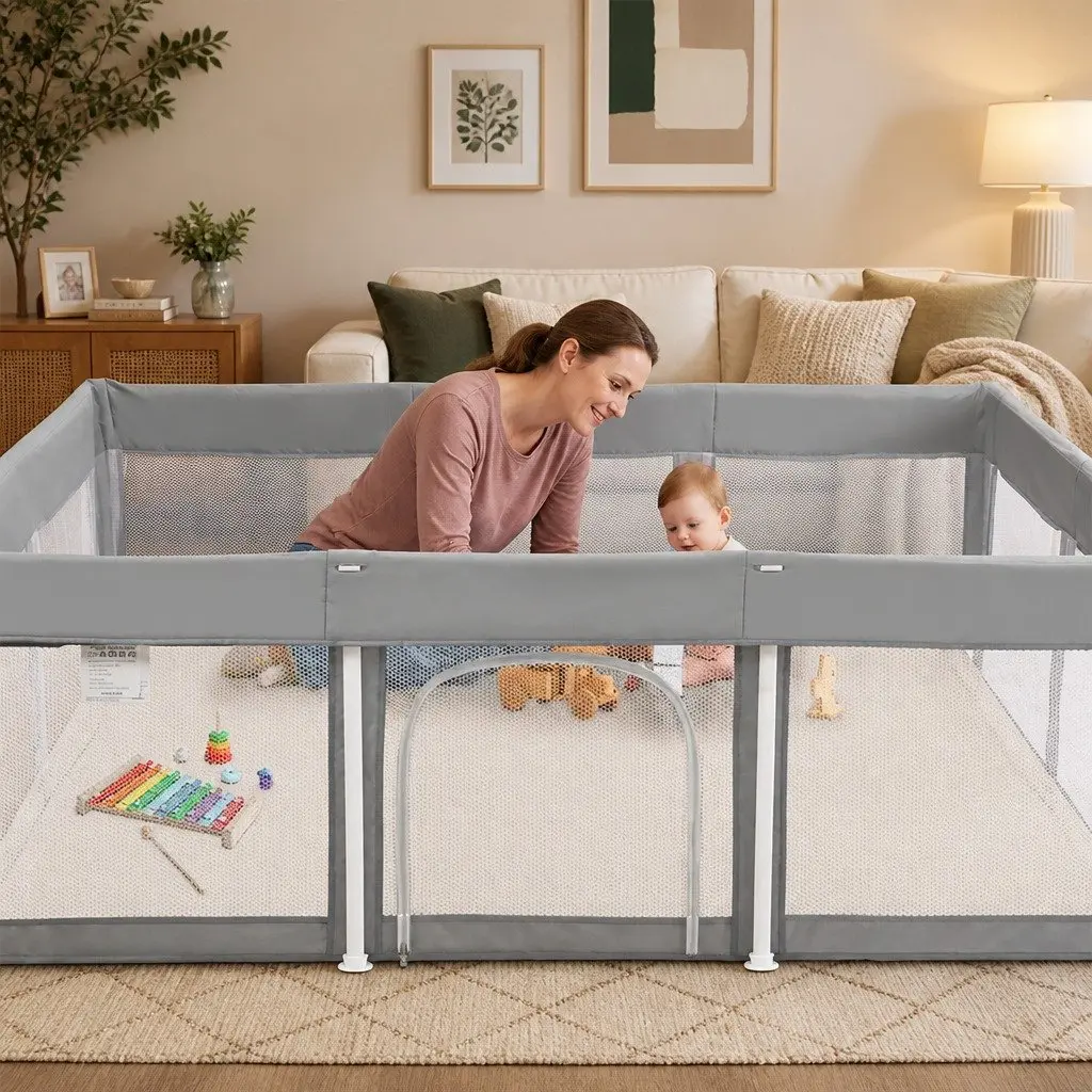 Kids Playpen Grey 120x180cm Foldable Pop-Up Portable Breathable Mesh Safety Barrier