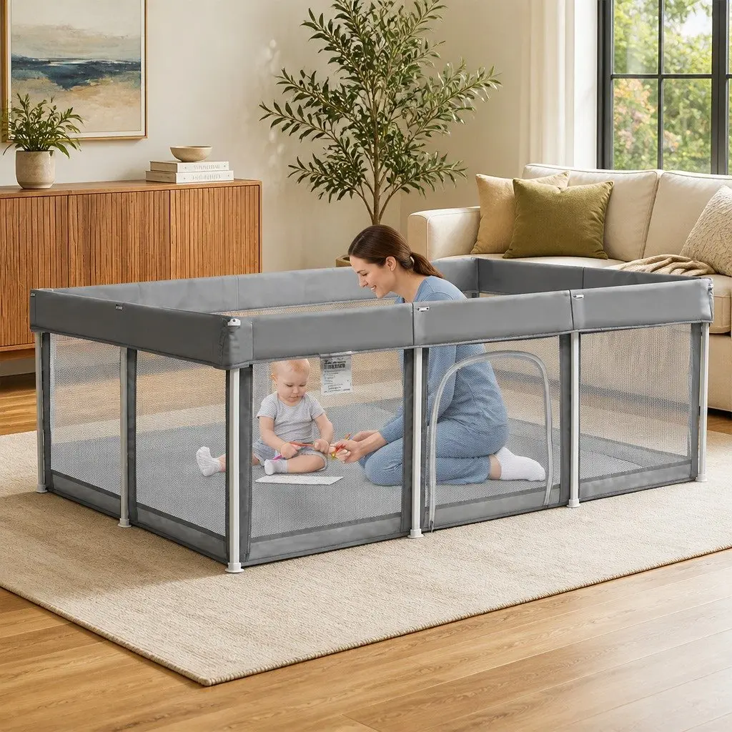 Kids Playpen Grey 120x180cm Foldable Pop-Up Portable Breathable Mesh Safety Barrier