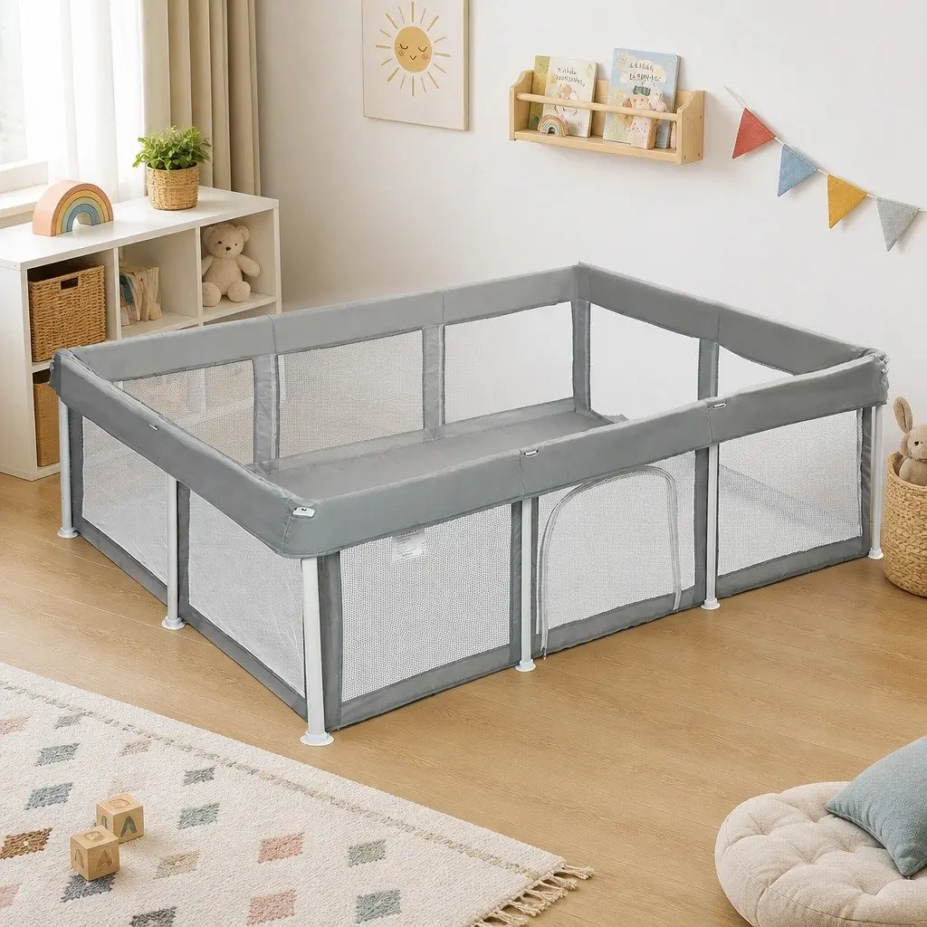 Kids Playpen Grey 120x180cm Foldable Pop-Up Portable Breathable Mesh Safety Barrier