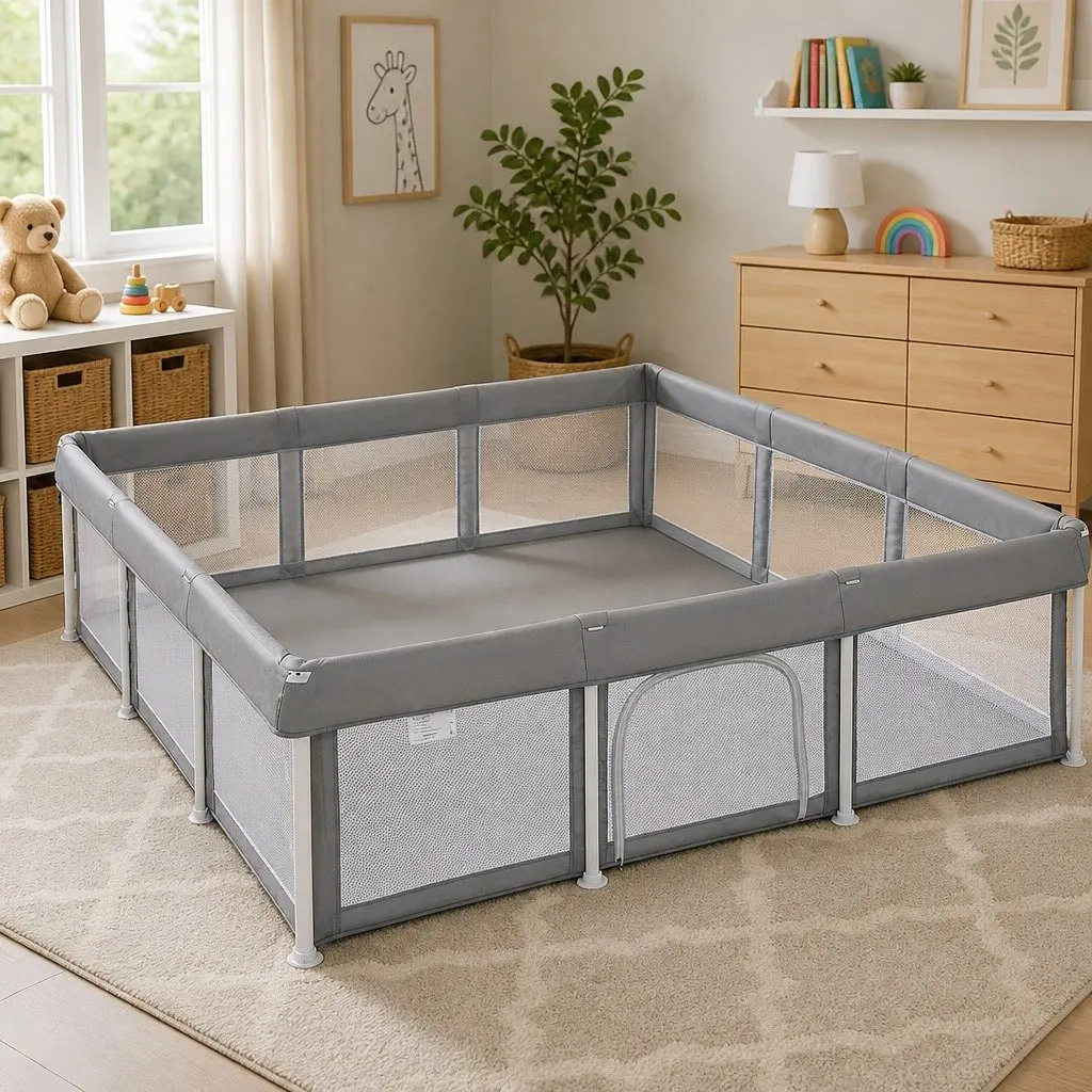 Kids Playpen Grey 180x180cm Foldable Portable Indoor Outdoor Mesh Safety