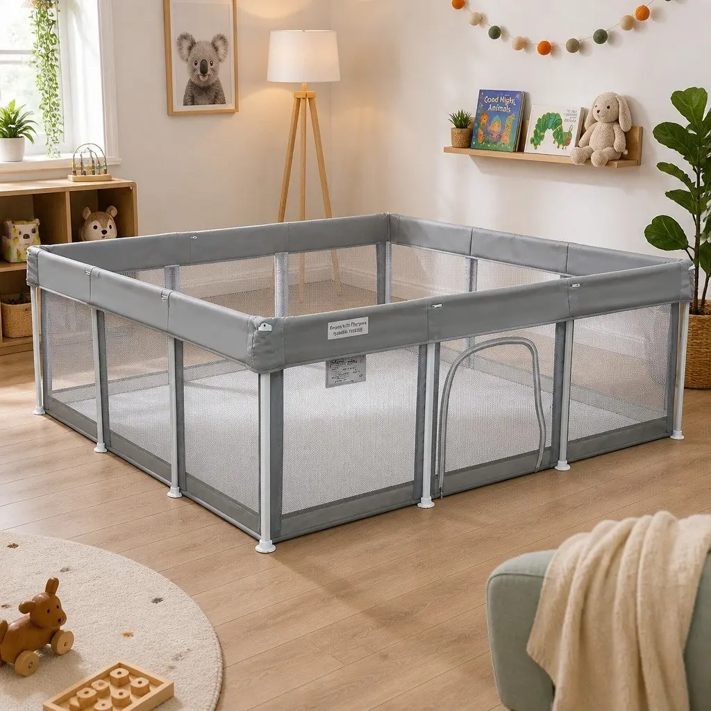 Kids Playpen Grey 180x180cm Foldable Portable Indoor Outdoor Mesh Safety