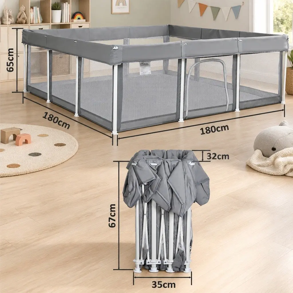 Kids Playpen Grey 180x180cm Foldable Portable Indoor Outdoor Mesh Safety