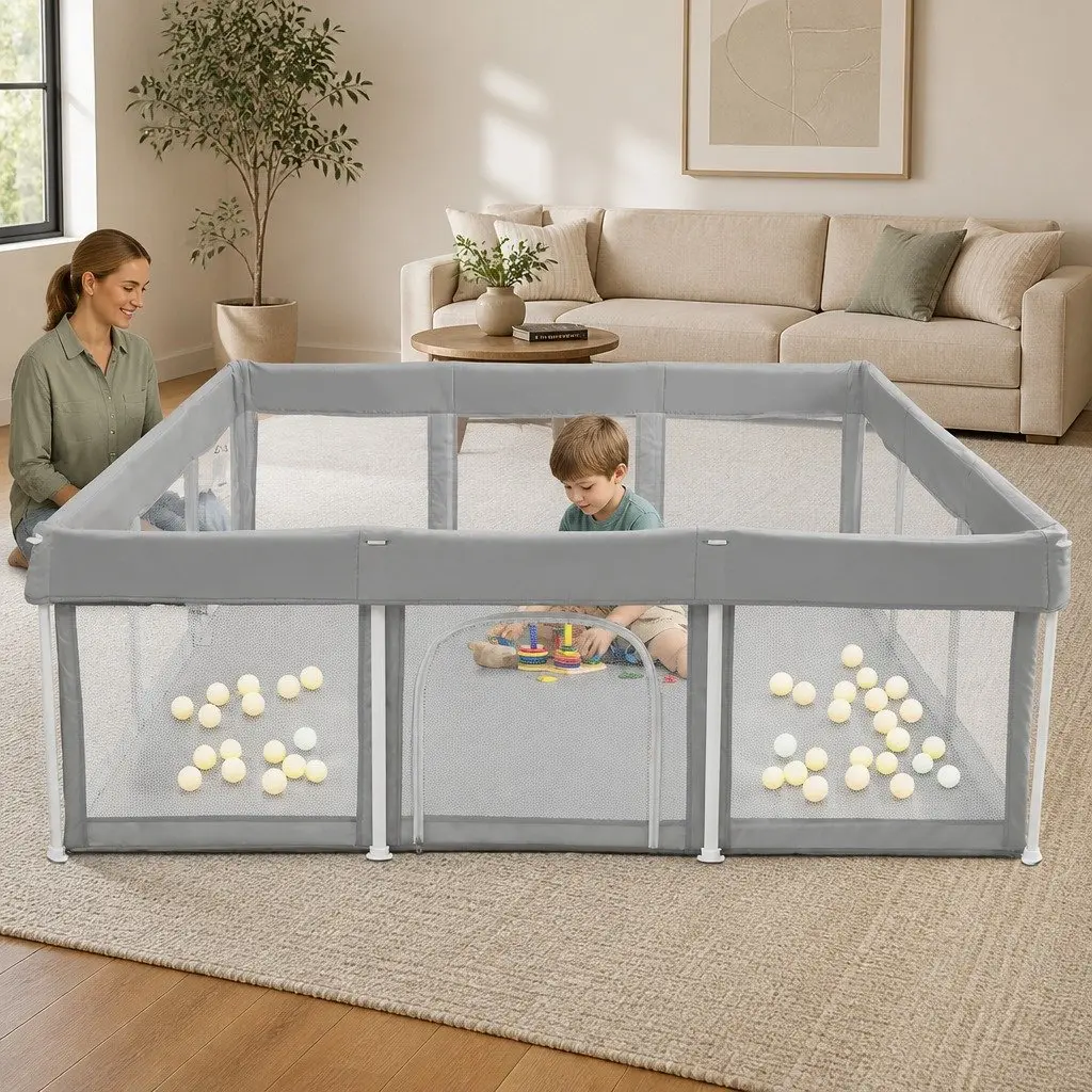 Kids Playpen Grey 180x180cm Foldable Portable Indoor Outdoor Mesh Safety