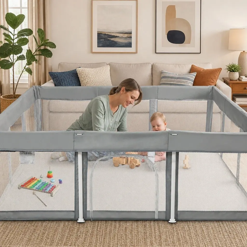 Kids Playpen Grey 180x180cm Foldable Portable Indoor Outdoor Mesh Safety