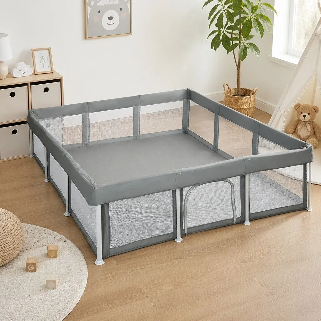Kids Playpen Grey 180x180cm Foldable Portable Indoor Outdoor Mesh Safety