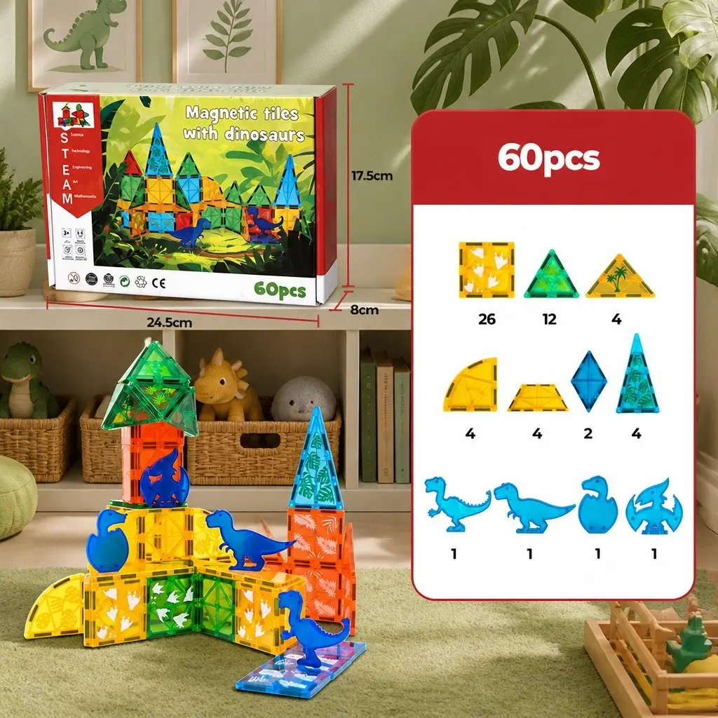 Magnetic Building Blocks Multi-colour 60 Pieces Dinosaur Theme STEM Learning